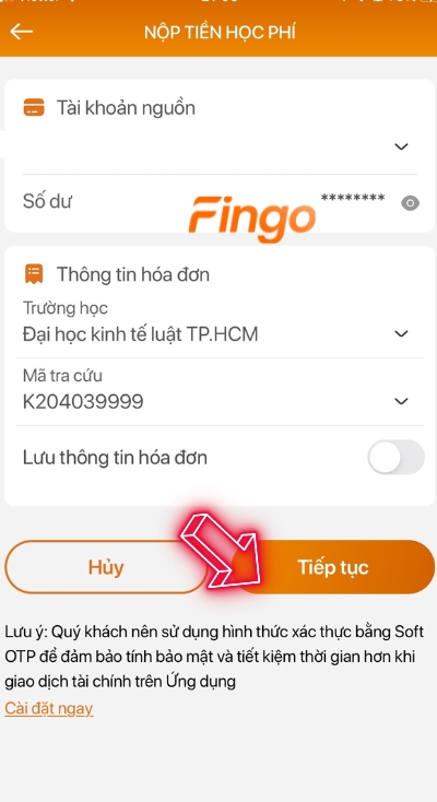 Nhập mã khách hàng và trường học, nhấn tiếp tục