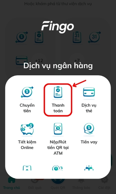 Tại mục Dịch vụ ngân hàng, chọn Thanh toán