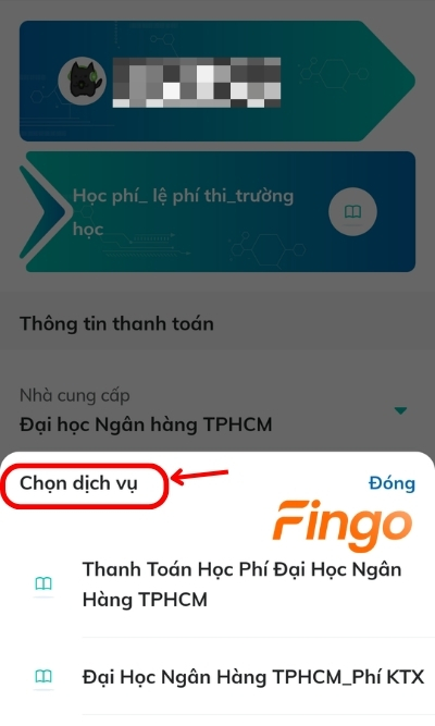 Chọn dịch vụ thanh toán, ở đây khách hàng chọn Thanh toán học phí.