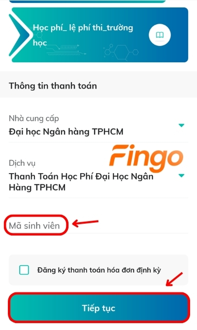 Nhập Mã khách hàng/Mã sinh viên và nhấn Tiếp tục.
