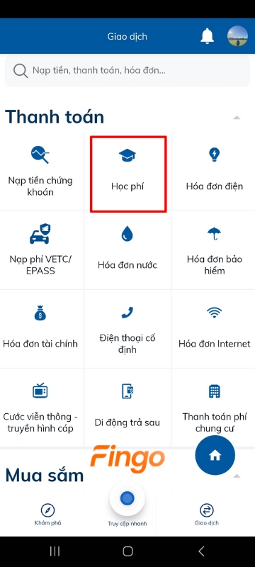 Tại "Thanh toán", khách hàng chọn "Học phí".