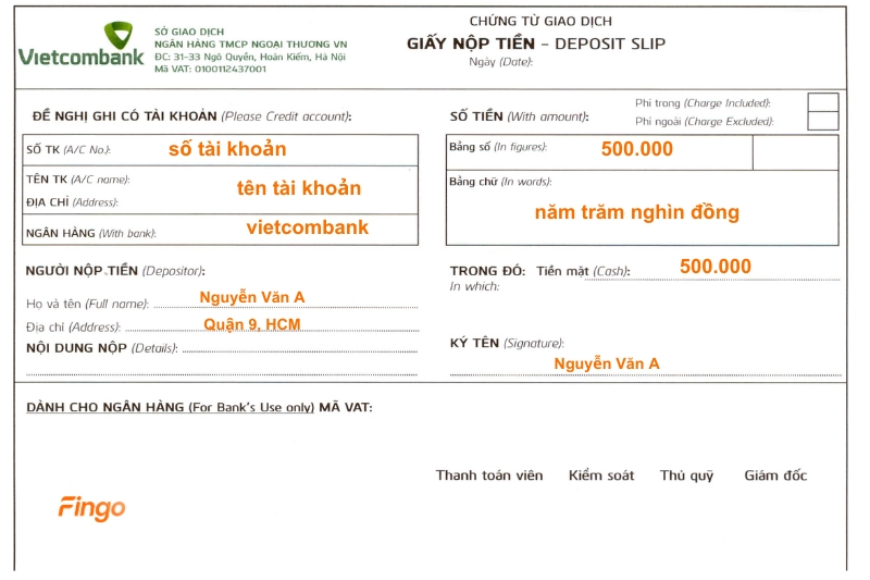 Cách ghi giấy nộp tiền Vietcombank