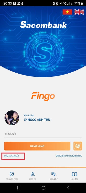 Tại giao diện, khách hàng chọn "Quên mật khẩu".
