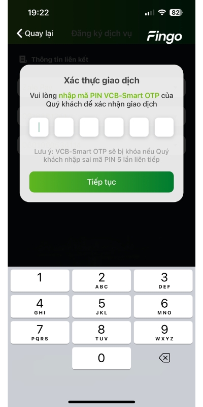 Cách liên kết Zalopay với ngân hàng Vietcombank qua VCB Digibank bước 4