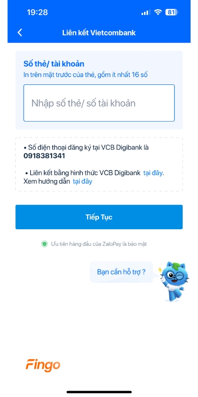 Cách liên kết Zalopay với ngân hàng Vietcombank qua ZaloPay bước 6