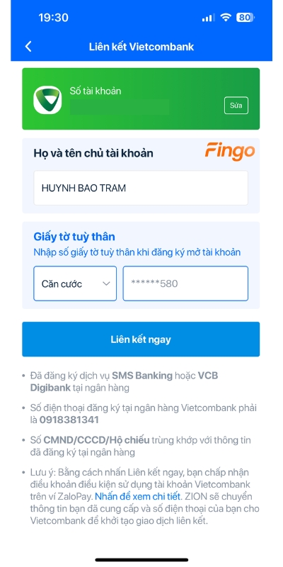 Cách liên kết Zalopay với ngân hàng Vietcombank qua ZaloPay bước 7