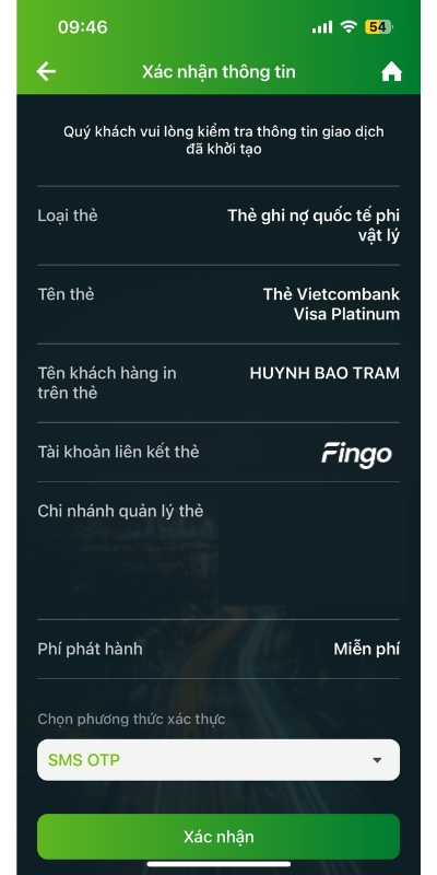 Cách mở thẻ phi vật lý Vietcombank bước 4