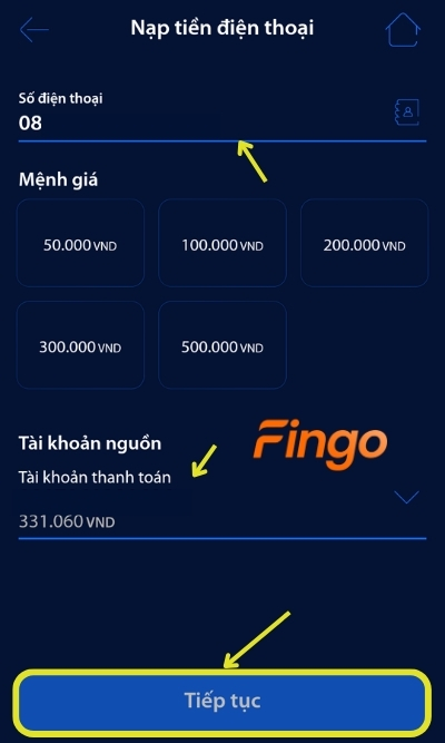  Chọn số điện thoại, mệnh giá thẻ nạp và tài khoản thanh toán. Sau đó chọn Tiếp tục