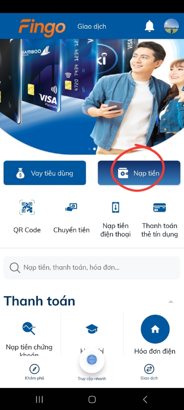 Chọn mục "Nạp tiền điện thoại".