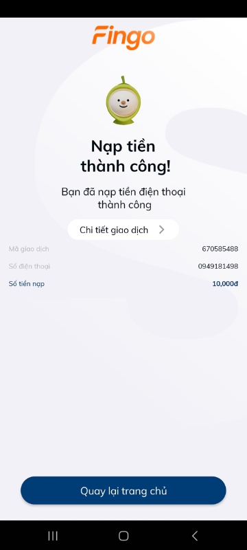 Hoàn tất nạp tiền điện thoại qua Sacombank Pay 