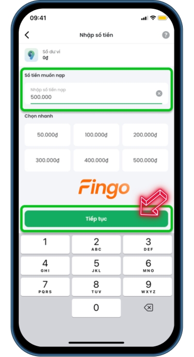 Nhập số tiền vào ví 9Pay
