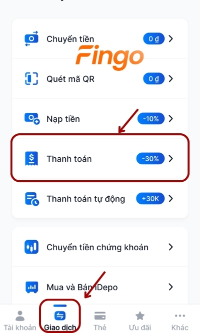 Đăng nhập ứng dụng MyVIB. Chọn Giao dịch, chọn tiếp chức năng Thanh toán.