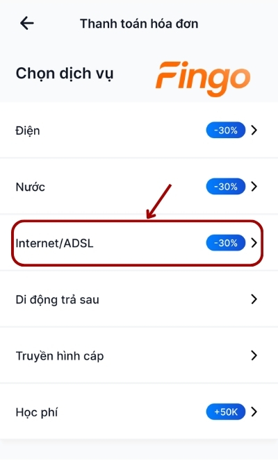 Chọn mục Internet/ADSL