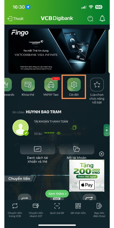 Cách xóa danh bạ thụ hưởng Vietcombank bước 1