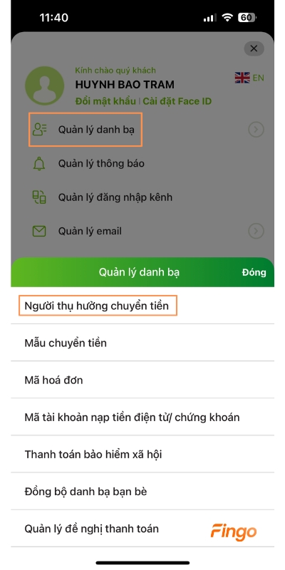 Cách xóa danh bạ thụ hưởng Vietcombank bước 2