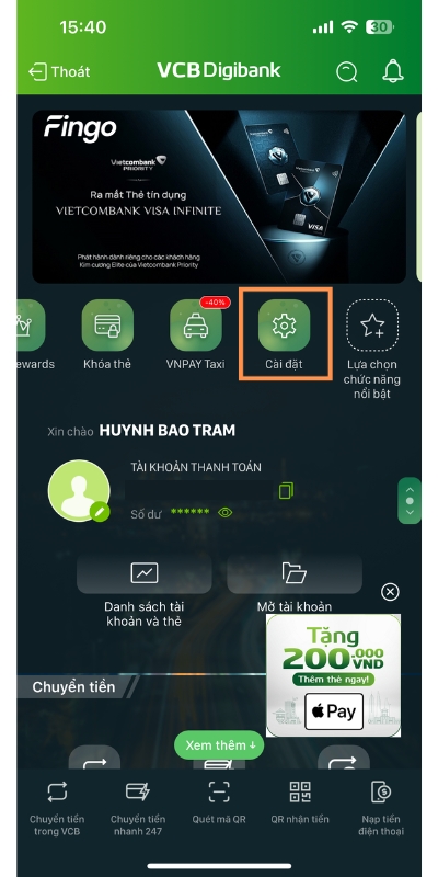 Cài đặt thông báo số dư tài khoản Vietcombank bước 1