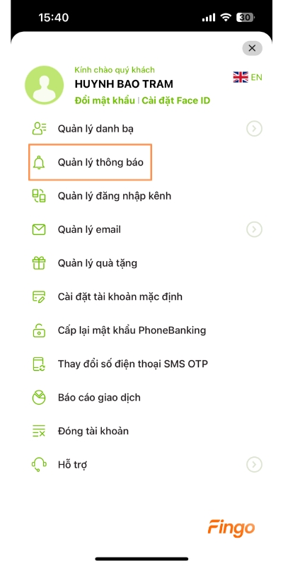 Cài đặt thông báo số dư tài khoản Vietcombank bước 2