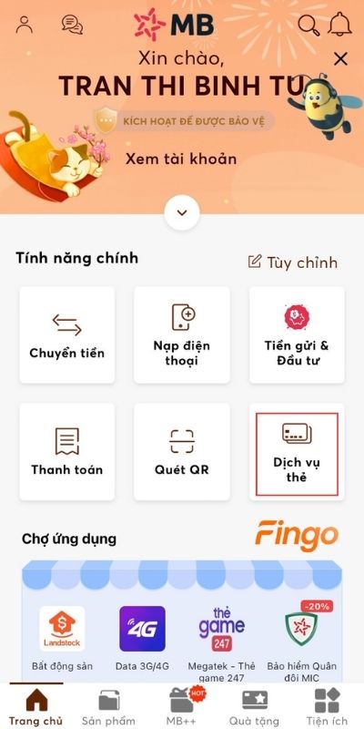 Chọn Dịch vụ thẻ