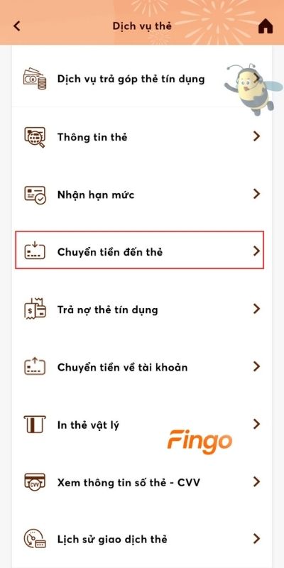 Chọn tính năng Chuyển tiền đến thẻ