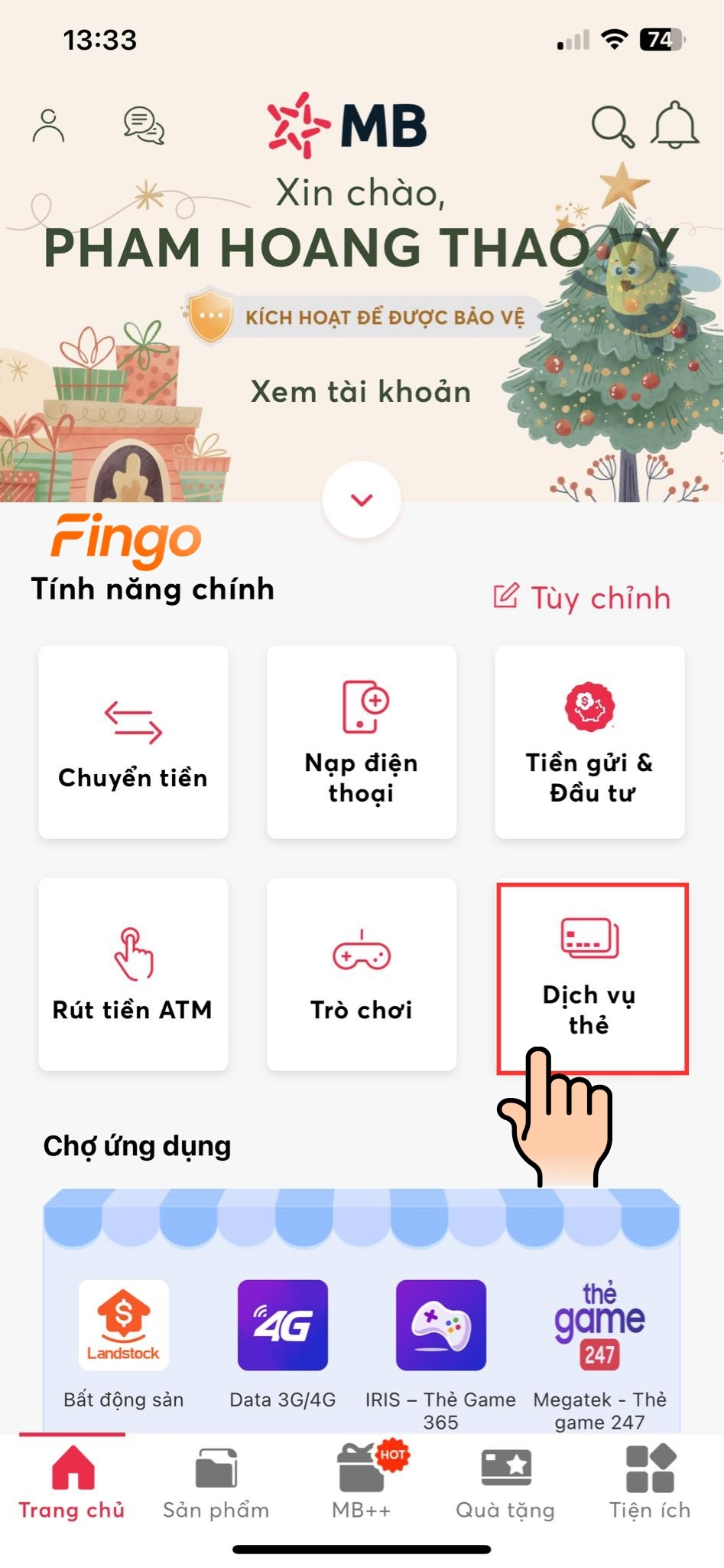 Chọn vào mục "Dịch vụ thẻ"