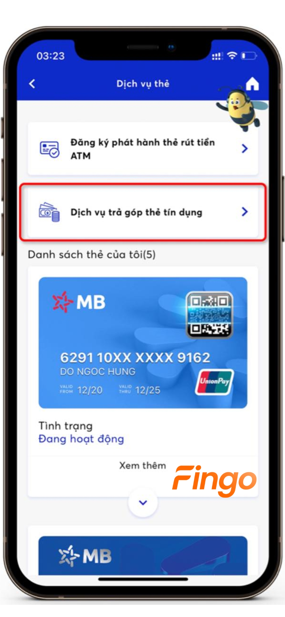 Chọn vào "Dịch vụ trả góp thẻ tín dụng"