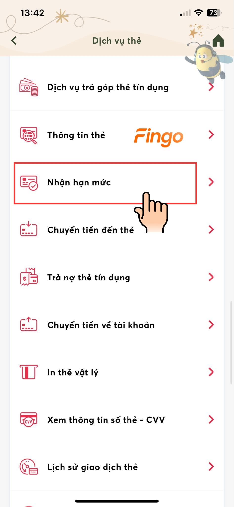 Chọn mục "Nhận hạn mức"
