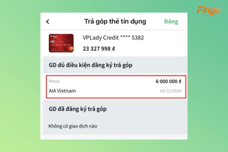 Chọn giao dịch đăng ký trả góp