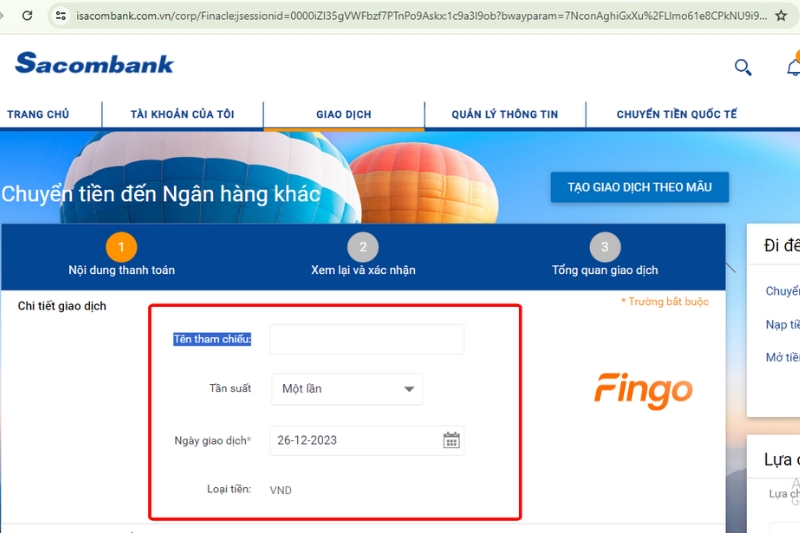 Bước 3: Cách chuyển tiền Internet Banking Sacombank qua ngân hàng khác