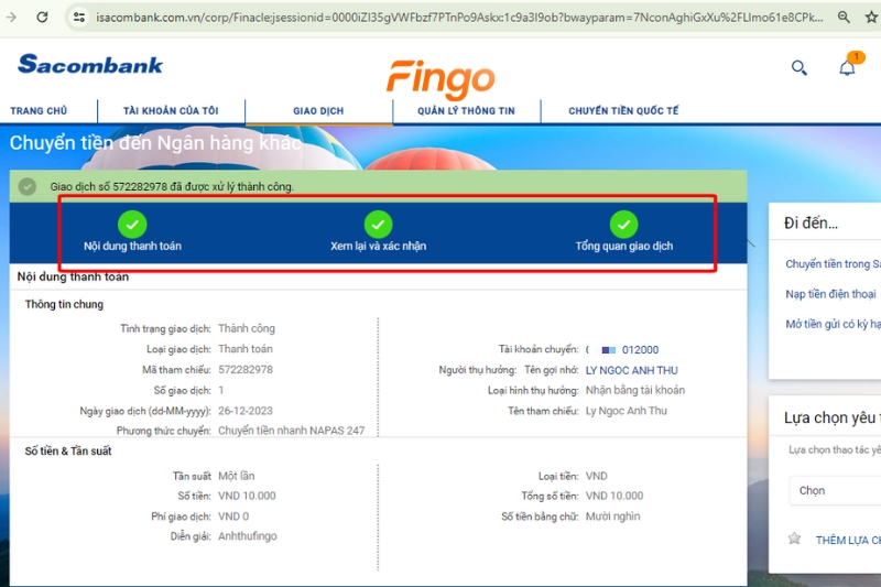 Cách chuyển tiền Internet Banking Sacombank qua ngân hàng khác hoàn tất.