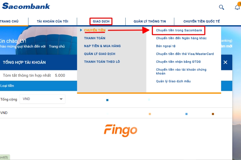 Tại mục "Giao dịch" > chọn "Chuyển tiền" > Tiếp tục chọn "Chuyển tiền trong Sacombank".
