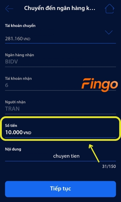 Nhập số tiền và chọn Tiếp tục
