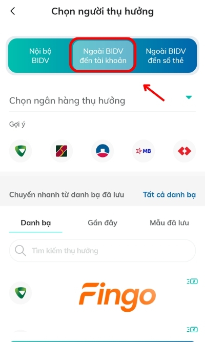 Sau đó chọn Chuyển tiền ngoài BIDV đến số tài khoản