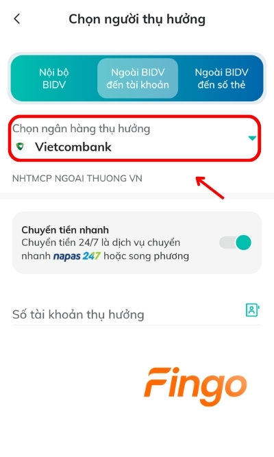 Chọn Ngân hàng thụ hưởng và nhập số tài khoản