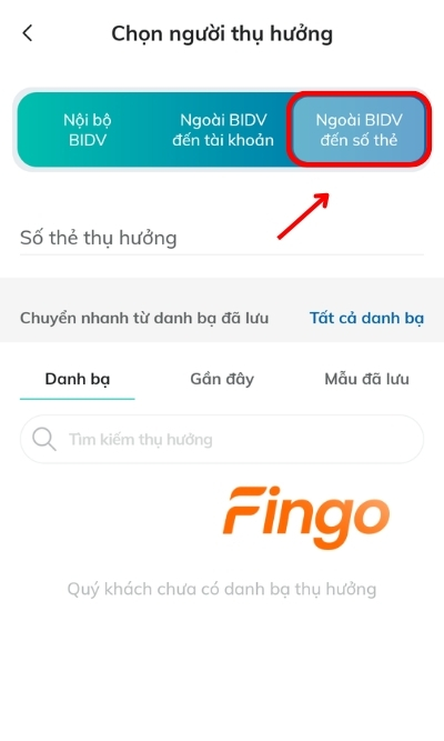 Tại màn hình trang chủ của ứng dụng, chọn Chuyển tiền, sau đó chọn Chuyển tiền ngoài BIDV đến số thẻ