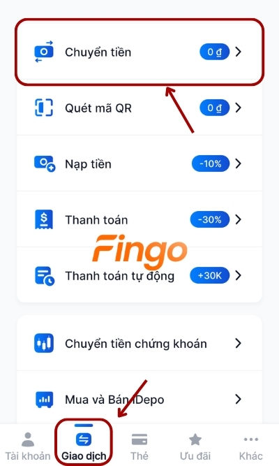 Đăng nhập ứng dụng MyVIB. Tại mục Giao dịch, chọn mục Chuyển tiền.