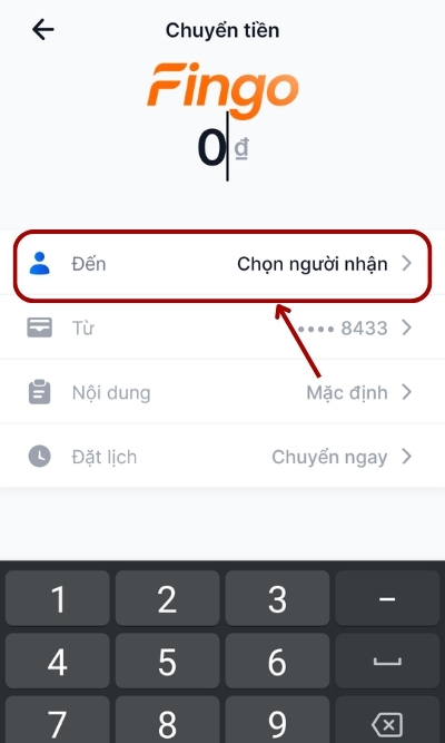 Chọn mục Đến để nhập thông tin số tài khoản và ngân hàng thụ hưởng 