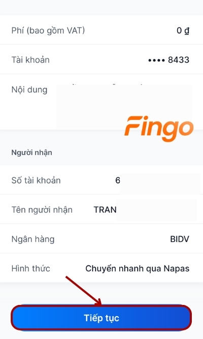 Chọn Tiếp tục để xác nhận thông tin giao dịch