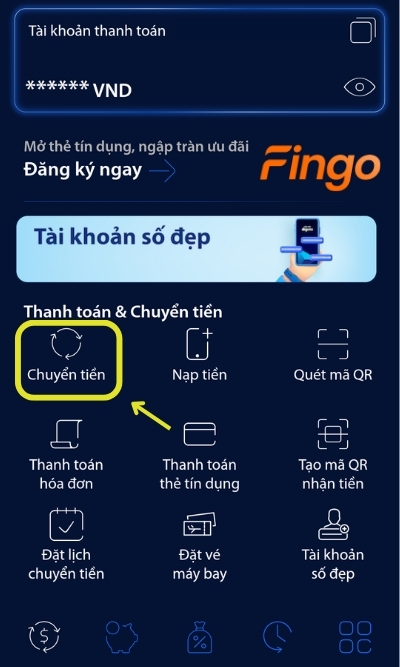 Đăng nhập ứng dụng digimi. Tại màn hình chính, chọn Chuyển tiền