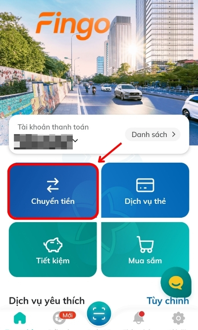 Đăng nhập ứng dụng ngân hàng. Chọn mục Chuyển tiền