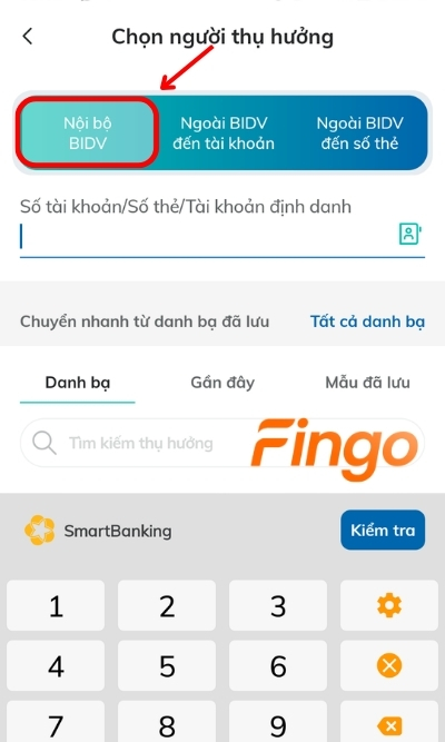 Tại màn hình, chọn Nội bộ BIDV và nhập số tài khoản, số thẻ hay tài khoản định danh phù hợp mà khách hàng muốn.