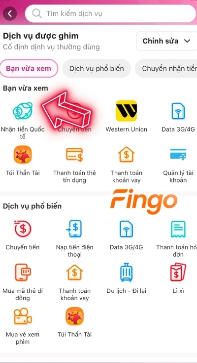 Nhấn chọn mục nhận tiền quốc tế