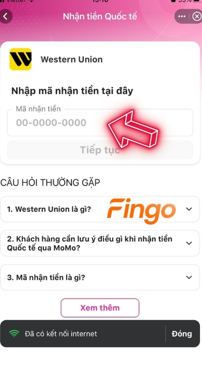 Nhập mã nhận tiền và nhấn tiếp tục