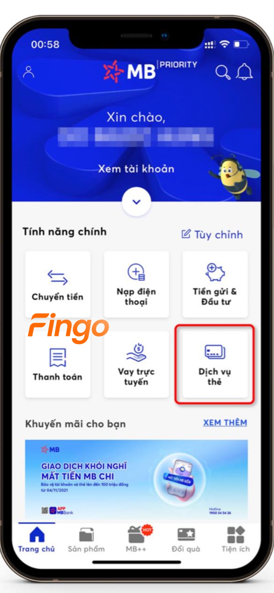 Chọn vào "Dịch vụ thẻ"