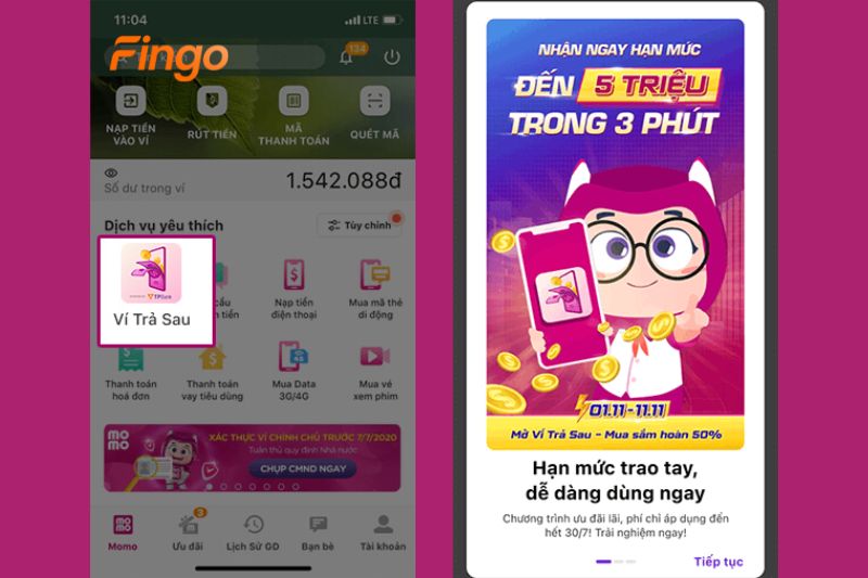 Chọn mục Ví Trả Sau.