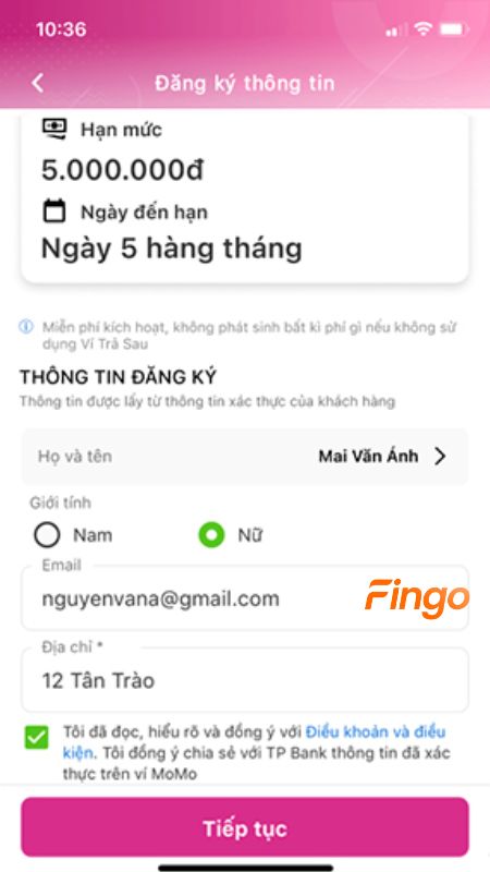 Điền và kiểm tra các thông tin cá nhân