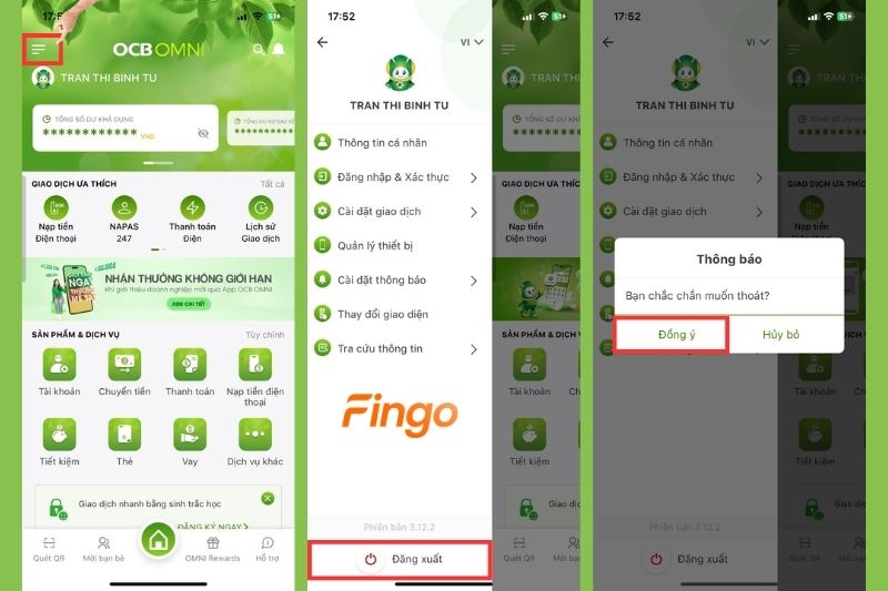 Nhấn vào biểu tượng ba gạch nằm ở phía bên trái của màn hình. Chọn "Đăng xuất" và "Đồng ý"