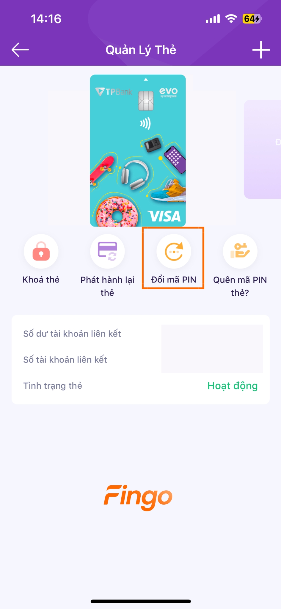 Cách đổi mã PIN thẻ tín dụng TPBank EVO bước 2