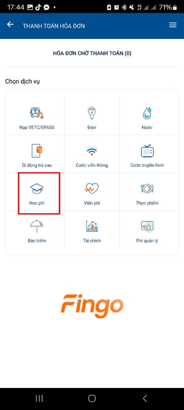 Chọn "Thanh toán hóa đơn" và chọn dịch vụ "Học phí".