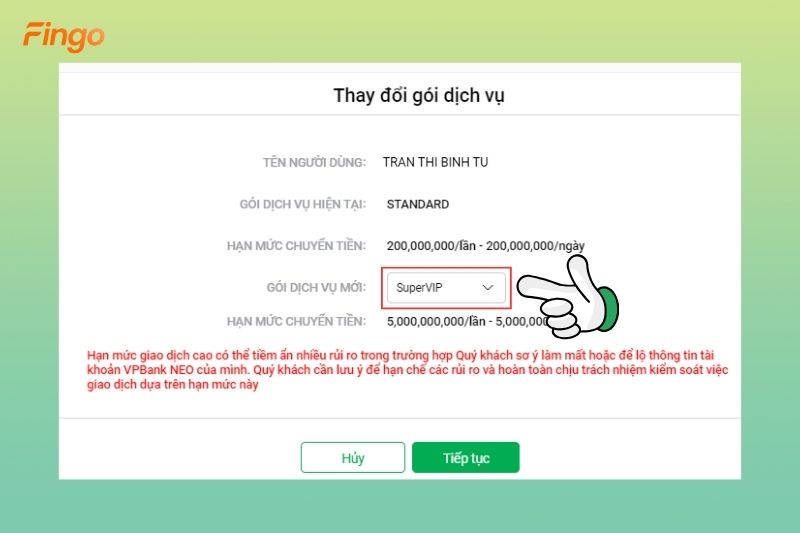 Thay đổi gói dịch vụ VPBank NEO bằng hình thức online