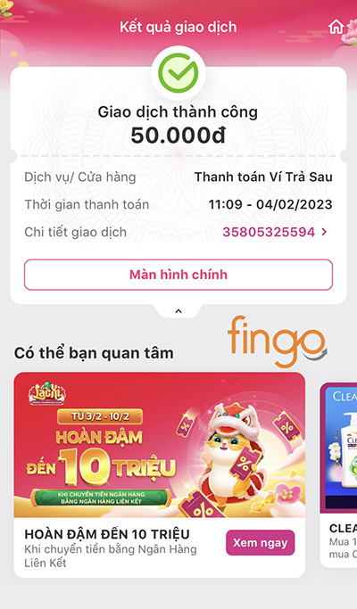 Thanh toán dư nợ Ví Trả Sau MoMo thành công